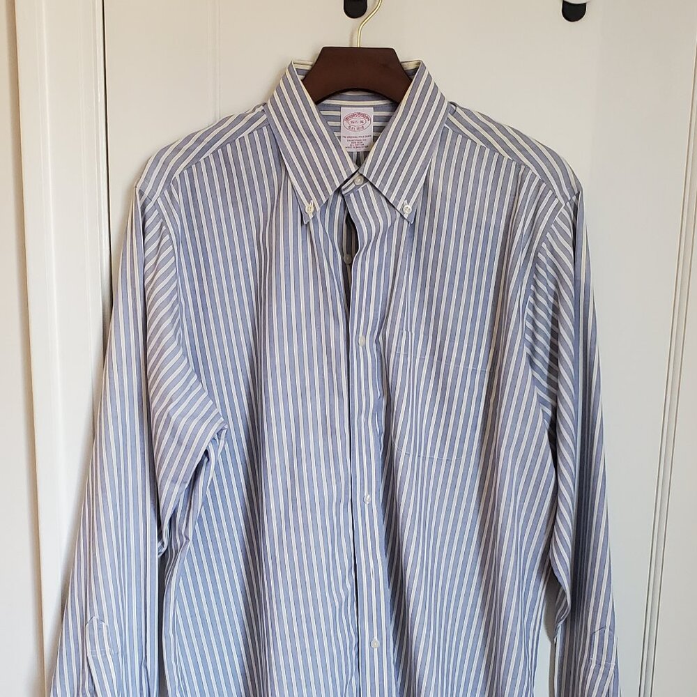 Brooks Brothers Button Down Shirt 16.5/36, Blue/White Stripes, non-iron